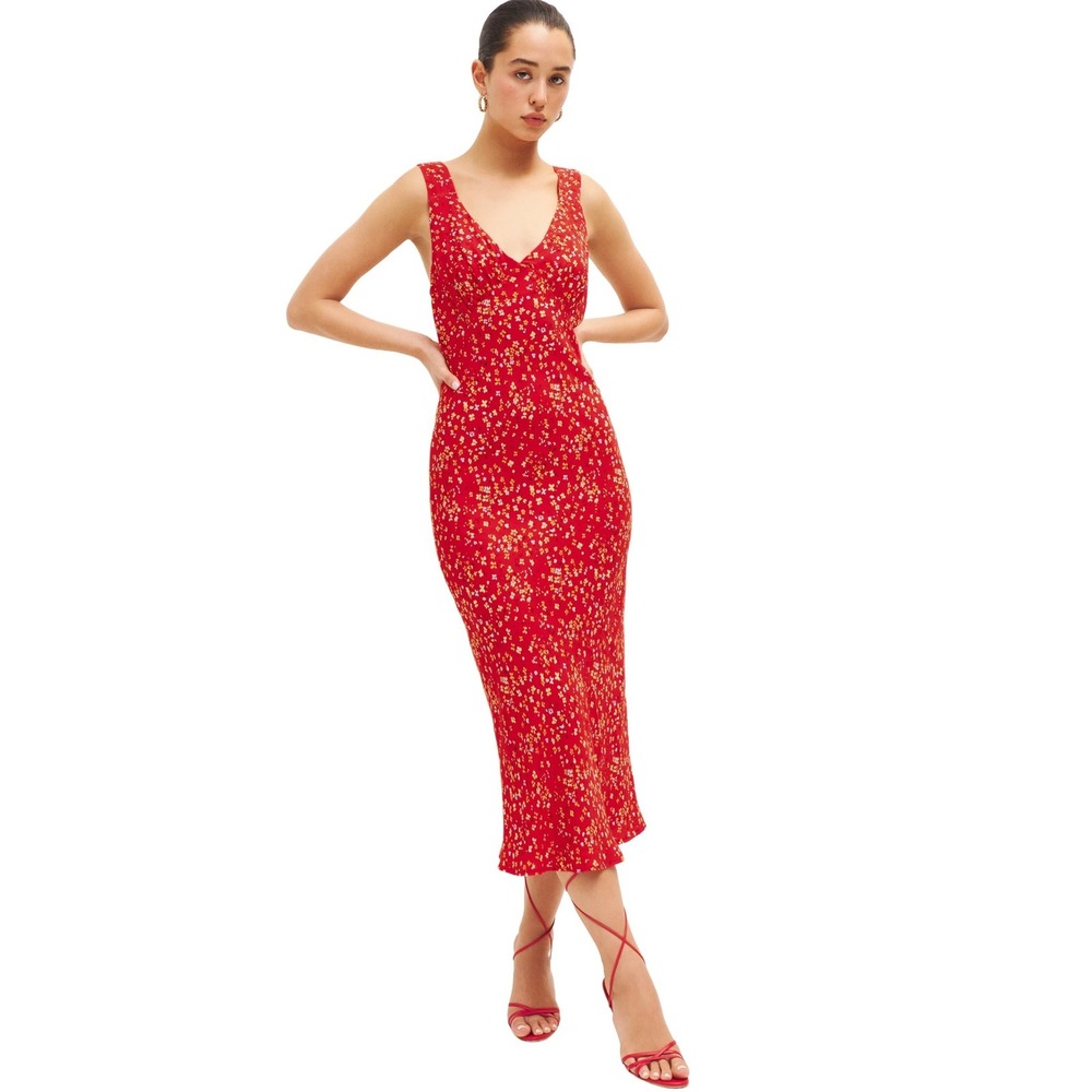 Reformation Red Floral V-Neck Midi Dress Womens Size Medium Sleeveless Bias Cut